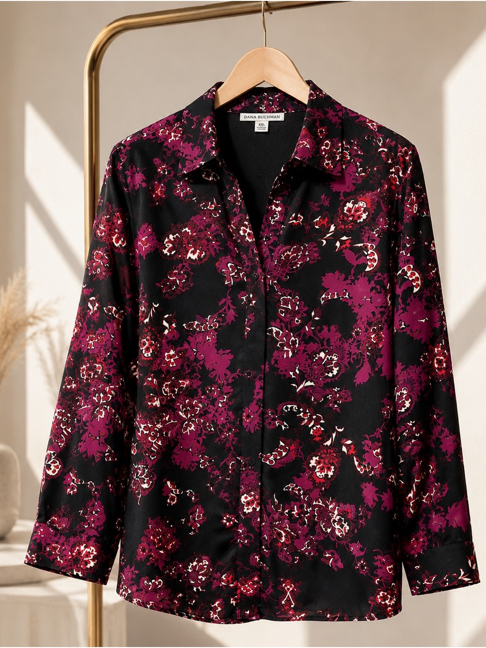 Dana Buchman XXL Floral Blouse Black Magenta Paisley Long Sleeve Career Top